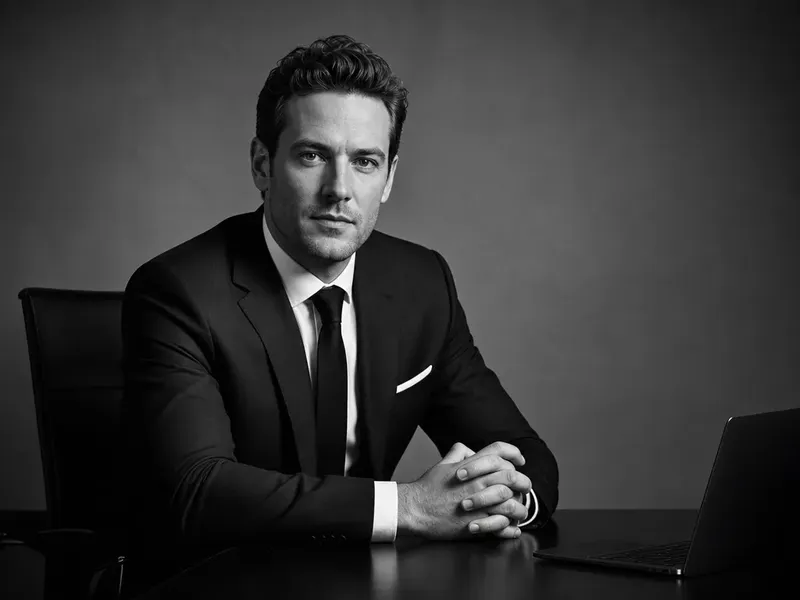 Editorial portrait of a fictional tech CEO seated at a desk in a sharp suit, direct eye contact with the camera, dramatic Rembrandt lighting against neutral grey, black and white high-contrast magazine style