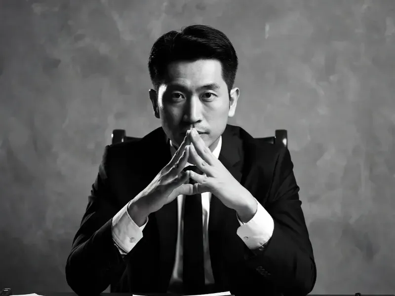 Editorial portrait of a fictional tech CEO seated at a desk in a sharp suit, direct eye contact with the camera, dramatic Rembrandt lighting against neutral grey, black and white high-contrast magazine style