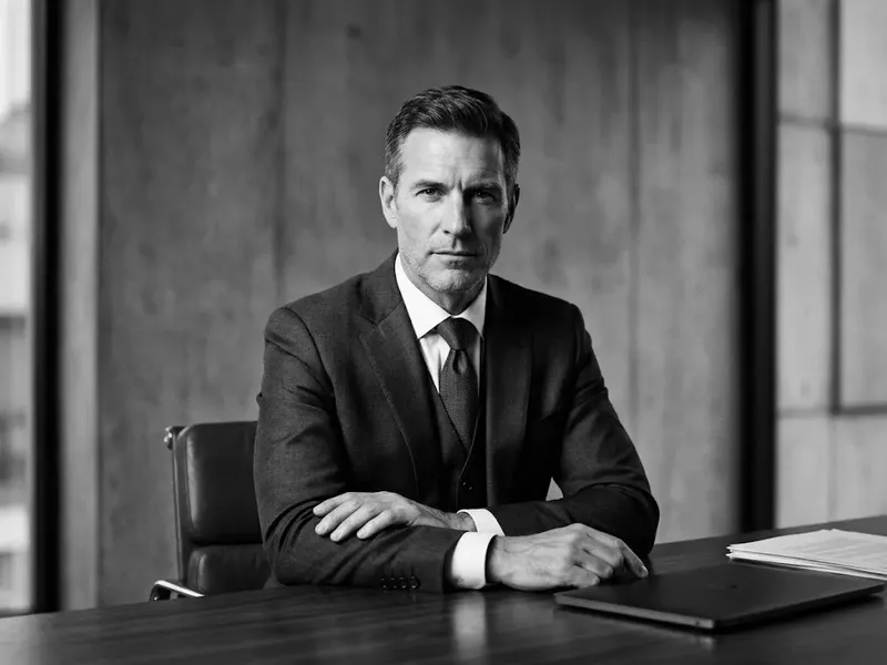 Editorial portrait of a fictional tech CEO seated at a desk in a sharp suit, direct eye contact with the camera, dramatic Rembrandt lighting against neutral grey, black and white high-contrast magazine style