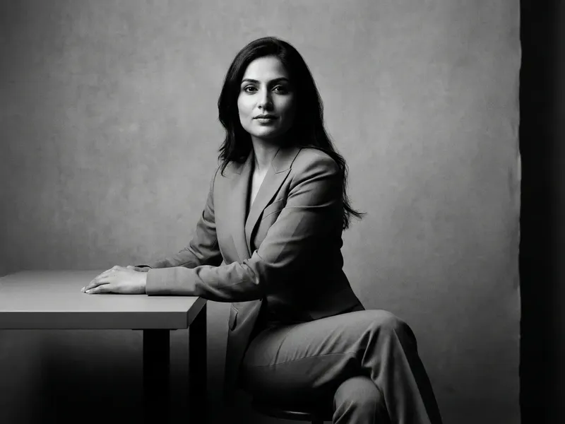 Editorial portrait of a fictional tech CEO seated at a desk in a sharp suit, direct eye contact with the camera, dramatic Rembrandt lighting against neutral grey, black and white high-contrast magazine style