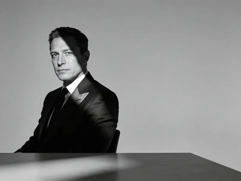 Editorial portrait of a fictional tech CEO seated at a desk in a sharp suit, direct eye contact with the camera, dramatic Rembrandt lighting against neutral grey, black and white high-contrast magazine style