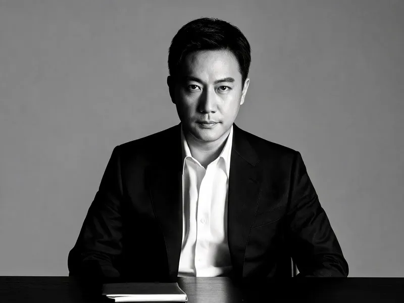 Editorial portrait of a fictional tech CEO seated at a desk in a sharp suit, direct eye contact with the camera, dramatic Rembrandt lighting against neutral grey, black and white high-contrast magazine style