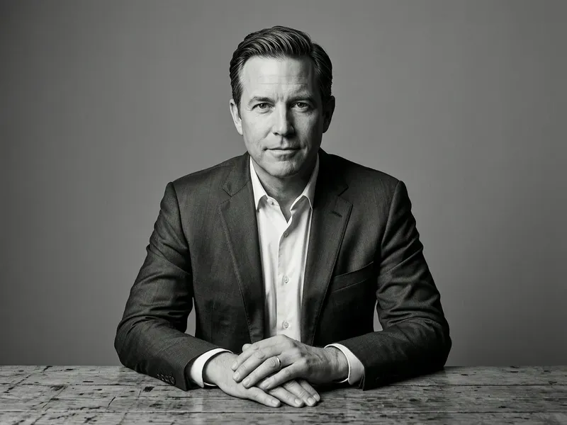 Editorial portrait of a fictional tech CEO seated at a desk in a sharp suit, direct eye contact with the camera, dramatic Rembrandt lighting against neutral grey, black and white high-contrast magazine style