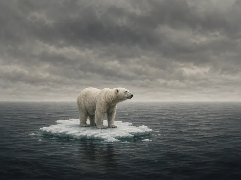 Conceptual editorial illustration of a polar bear standing on a tiny melting ice floe surrounded by dark water, vast empty horizon, overcast grey sky, muted desaturated palette