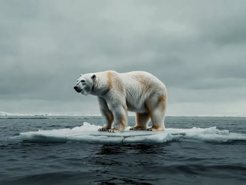 Conceptual editorial illustration of a polar bear standing on a tiny melting ice floe surrounded by dark water, vast empty horizon, overcast grey sky, muted desaturated palette