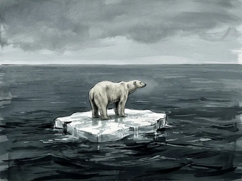 Conceptual editorial illustration of a polar bear standing on a tiny melting ice floe surrounded by dark water, vast empty horizon, overcast grey sky, muted desaturated palette
