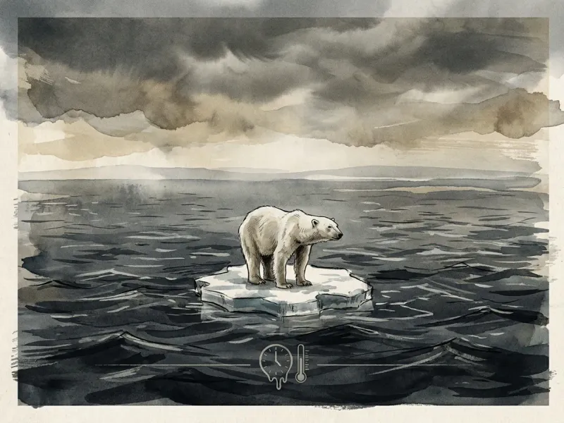 Conceptual editorial illustration of a polar bear standing on a tiny melting ice floe surrounded by dark water, vast empty horizon, overcast grey sky, muted desaturated palette