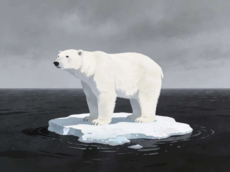 Conceptual editorial illustration of a polar bear standing on a tiny melting ice floe surrounded by dark water, vast empty horizon, overcast grey sky, muted desaturated palette