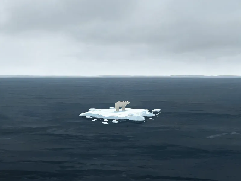 Conceptual editorial illustration of a polar bear standing on a tiny melting ice floe surrounded by dark water, vast empty horizon, overcast grey sky, muted desaturated palette