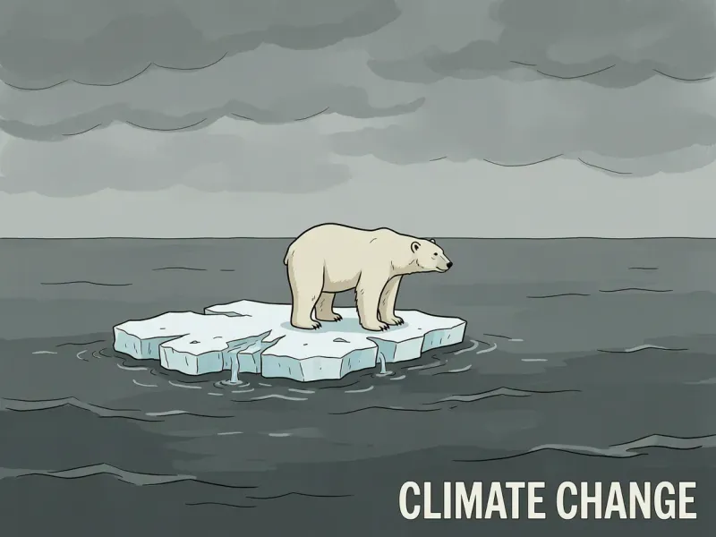 Conceptual editorial illustration of a polar bear standing on a tiny melting ice floe surrounded by dark water, vast empty horizon, overcast grey sky, muted desaturated palette