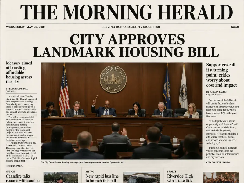 Newspaper front-page mockup with "THE MORNING HERALD" masthead, bold serif headline "CITY APPROVES LANDMARK HOUSING BILL", a photorealistic city council chamber news photograph below, classic two-column broadsheet body text layout