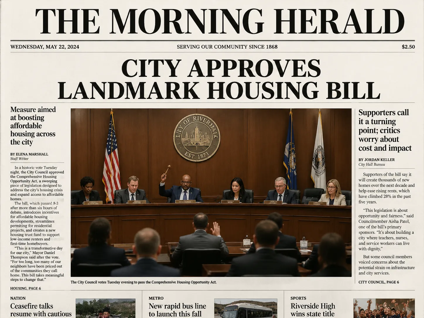 Newspaper front-page mockup with "THE MORNING HERALD" masthead, bold serif headline "CITY APPROVES LANDMARK HOUSING BILL", a photorealistic city council chamber news photograph below, classic two-column broadsheet body text layout