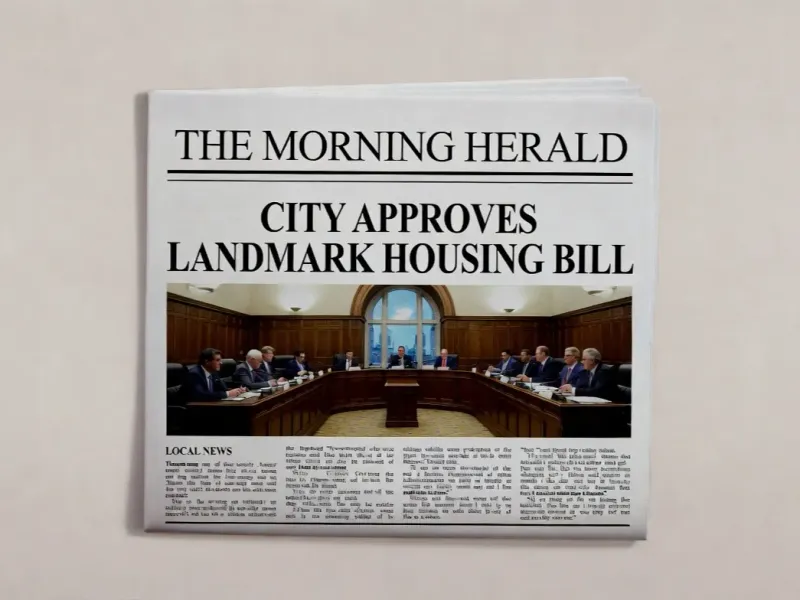 Newspaper front-page mockup with "THE MORNING HERALD" masthead, bold serif headline "CITY APPROVES LANDMARK HOUSING BILL", a photorealistic city council chamber news photograph below, classic two-column broadsheet body text layout