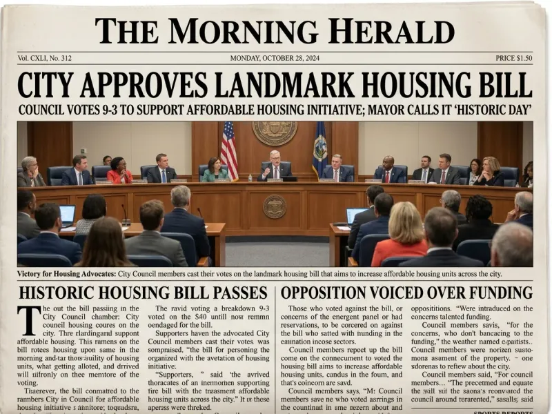 Newspaper front-page mockup with "THE MORNING HERALD" masthead, bold serif headline "CITY APPROVES LANDMARK HOUSING BILL", a photorealistic city council chamber news photograph below, classic two-column broadsheet body text layout