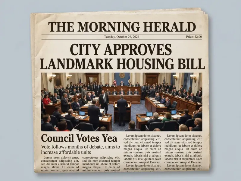 Newspaper front-page mockup with "THE MORNING HERALD" masthead, bold serif headline "CITY APPROVES LANDMARK HOUSING BILL", a photorealistic city council chamber news photograph below, classic two-column broadsheet body text layout