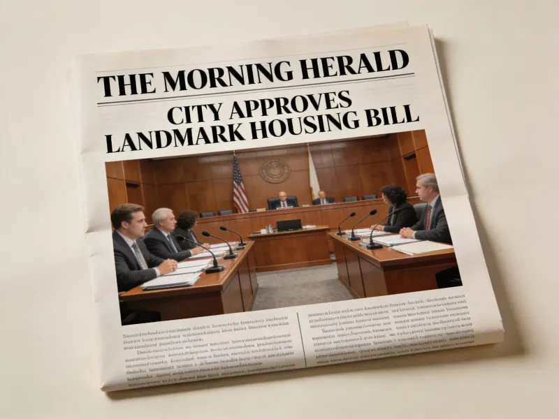 Newspaper front-page mockup with "THE MORNING HERALD" masthead, bold serif headline "CITY APPROVES LANDMARK HOUSING BILL", a photorealistic city council chamber news photograph below, classic two-column broadsheet body text layout