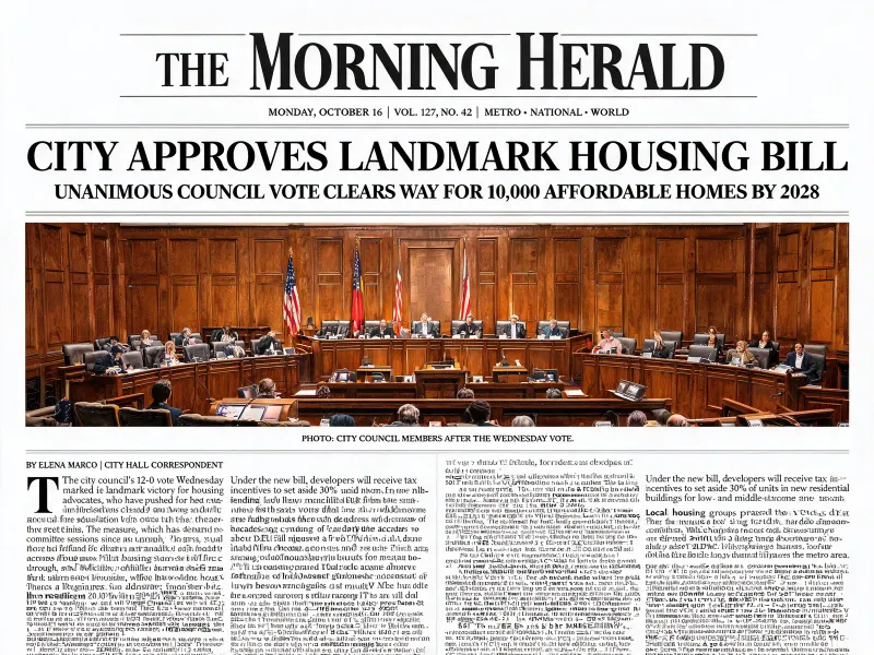 Newspaper front-page mockup with "THE MORNING HERALD" masthead, bold serif headline "CITY APPROVES LANDMARK HOUSING BILL", a photorealistic city council chamber news photograph below, classic two-column broadsheet body text layout
