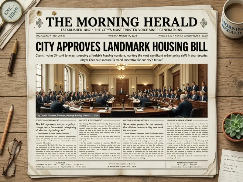 Newspaper front-page mockup with "THE MORNING HERALD" masthead, bold serif headline "CITY APPROVES LANDMARK HOUSING BILL", a photorealistic city council chamber news photograph below, classic two-column broadsheet body text layout