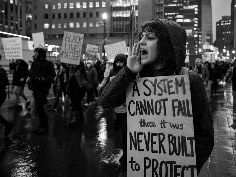 Documentary street photography of a protest march on a rain-soaked city avenue at dusk, motion blur on the crowd, a single sharp figure in the foreground holding a sign, high-contrast black and white