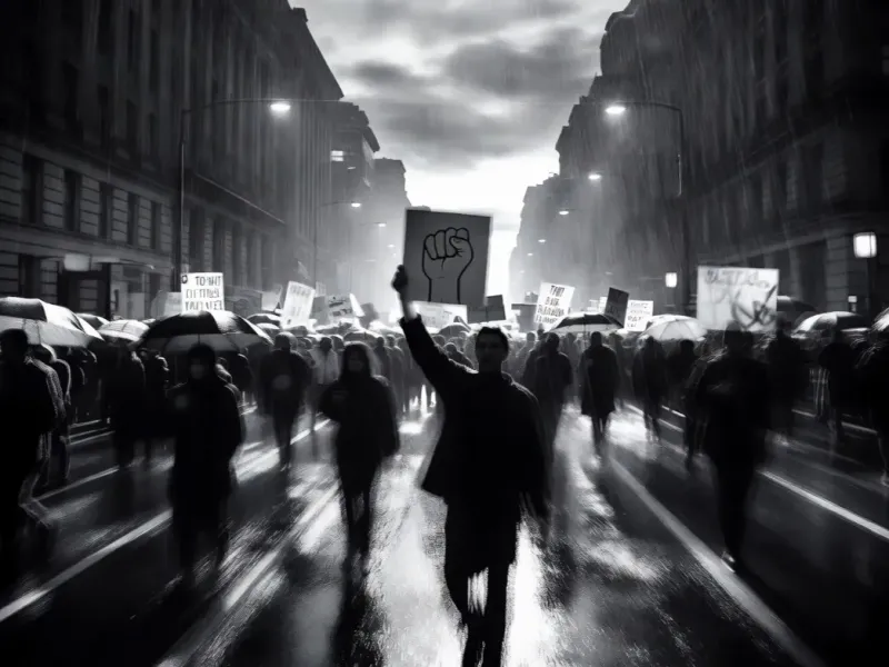 Documentary street photography of a protest march on a rain-soaked city avenue at dusk, motion blur on the crowd, a single sharp figure in the foreground holding a sign, high-contrast black and white