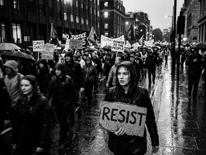 Documentary street photography of a protest march on a rain-soaked city avenue at dusk, motion blur on the crowd, a single sharp figure in the foreground holding a sign, high-contrast black and white