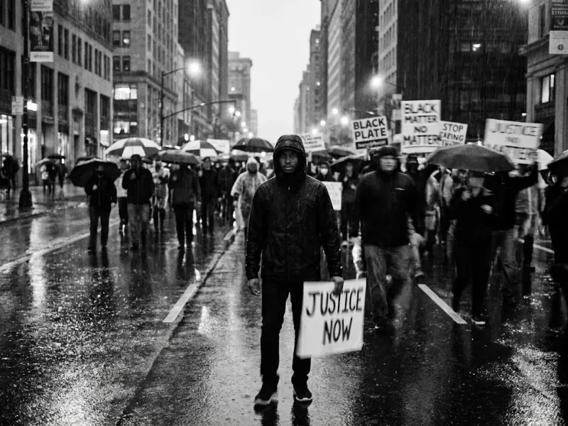 Documentary street photography of a protest march on a rain-soaked city avenue at dusk, motion blur on the crowd, a single sharp figure in the foreground holding a sign, high-contrast black and white