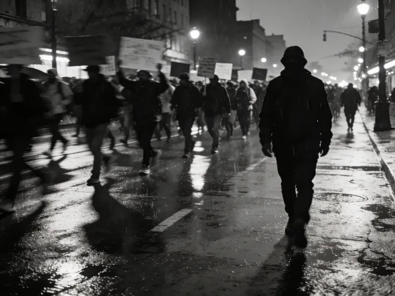 Documentary street photography of a protest march on a rain-soaked city avenue at dusk, motion blur on the crowd, a single sharp figure in the foreground holding a sign, high-contrast black and white