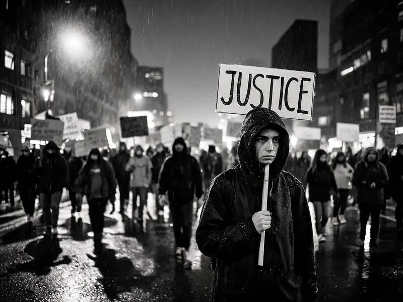 Documentary street photography of a protest march on a rain-soaked city avenue at dusk, motion blur on the crowd, a single sharp figure in the foreground holding a sign, high-contrast black and white