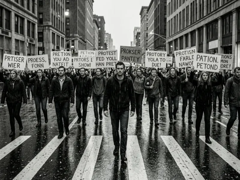 Documentary street photography of a protest march on a rain-soaked city avenue at dusk, motion blur on the crowd, a single sharp figure in the foreground holding a sign, high-contrast black and white