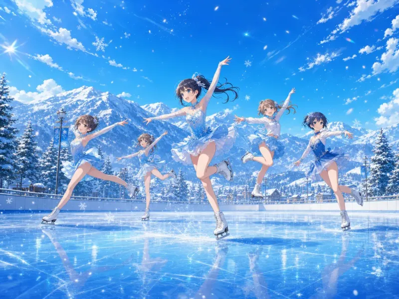 Anime illustration of a winter ice skating rink with young female skaters spinning and jumping, snow-white and sky-blue palette, sporty youthful style, metallic luster of skating shoes reflecting on the ice surface