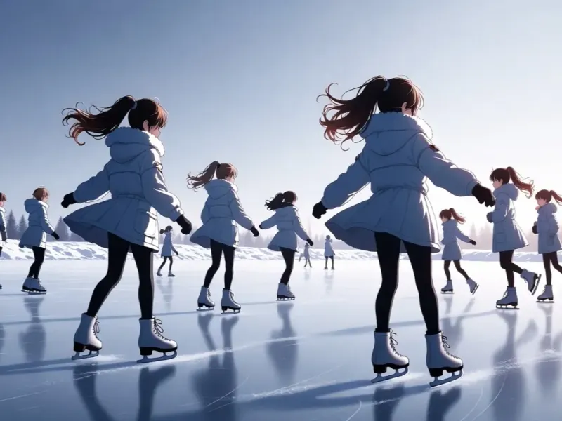 Anime illustration of a winter ice skating rink with young female skaters spinning and jumping, snow-white and sky-blue palette, sporty youthful style, metallic luster of skating shoes reflecting on the ice surface