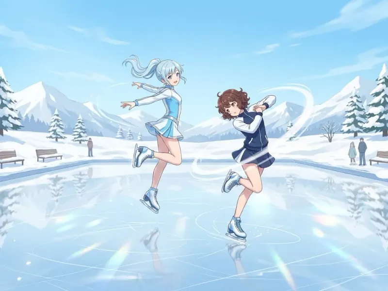 Anime illustration of a winter ice skating rink with young female skaters spinning and jumping, snow-white and sky-blue palette, sporty youthful style, metallic luster of skating shoes reflecting on the ice surface