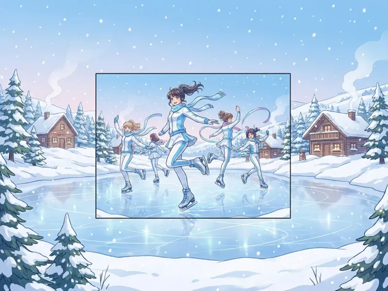 Anime illustration of a winter ice skating rink with young female skaters spinning and jumping, snow-white and sky-blue palette, sporty youthful style, metallic luster of skating shoes reflecting on the ice surface