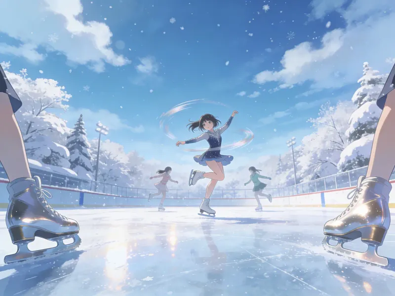 Anime illustration of a winter ice skating rink with young female skaters spinning and jumping, snow-white and sky-blue palette, sporty youthful style, metallic luster of skating shoes reflecting on the ice surface