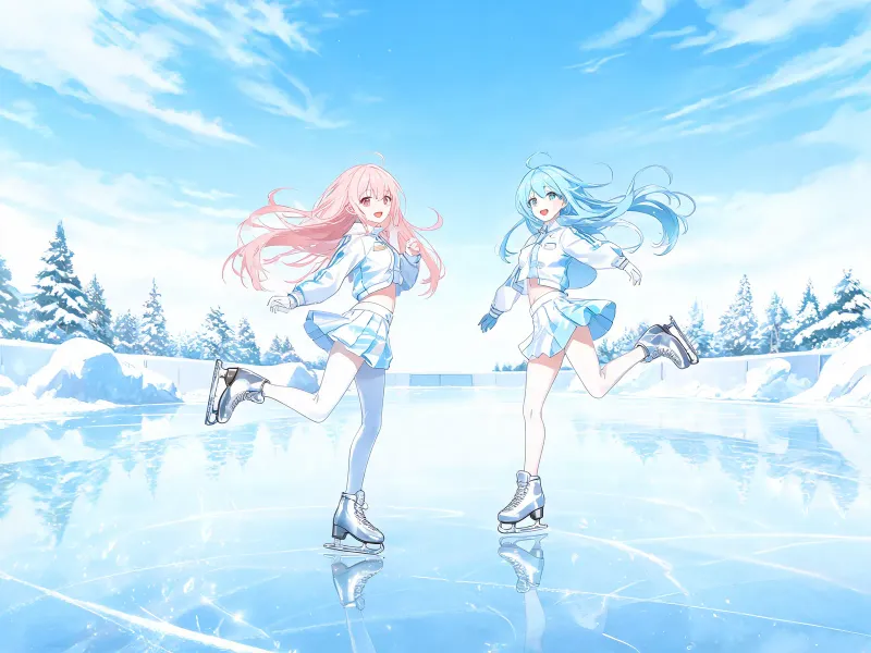 Anime illustration of a winter ice skating rink with young female skaters spinning and jumping, snow-white and sky-blue palette, sporty youthful style, metallic luster of skating shoes reflecting on the ice surface
