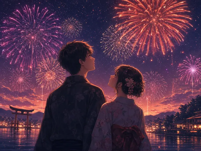 Anime illustration of young people looking up at a fireworks display at night, fireworks blooming in purple and orange-red layers across the dark sky, romantic Japanese animation atmosphere, warm cinematic mood