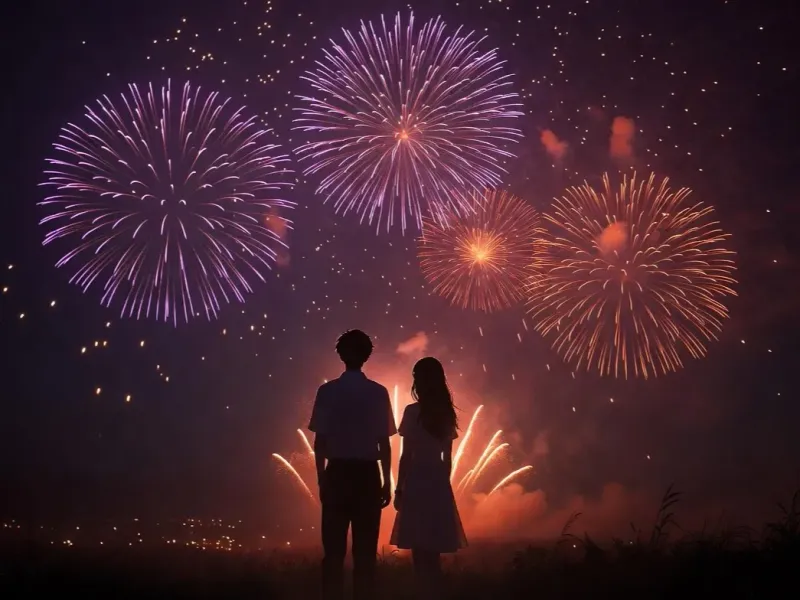 Anime illustration of young people looking up at a fireworks display at night, fireworks blooming in purple and orange-red layers across the dark sky, romantic Japanese animation atmosphere, warm cinematic mood