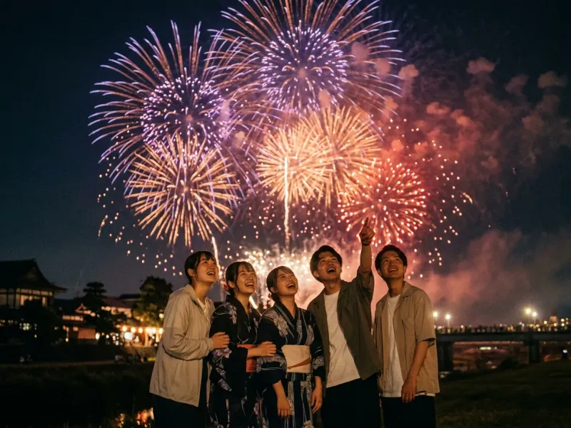 Anime illustration of young people looking up at a fireworks display at night, fireworks blooming in purple and orange-red layers across the dark sky, romantic Japanese animation atmosphere, warm cinematic mood