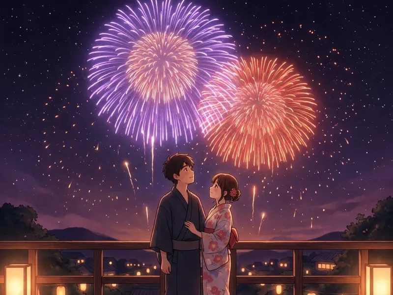 Anime illustration of young people looking up at a fireworks display at night, fireworks blooming in purple and orange-red layers across the dark sky, romantic Japanese animation atmosphere, warm cinematic mood