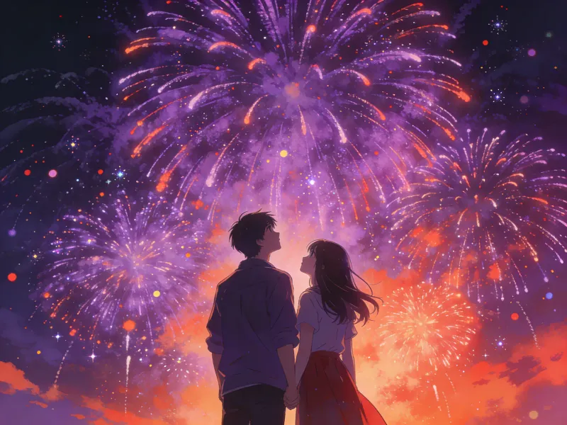 Anime illustration of young people looking up at a fireworks display at night, fireworks blooming in purple and orange-red layers across the dark sky, romantic Japanese animation atmosphere, warm cinematic mood