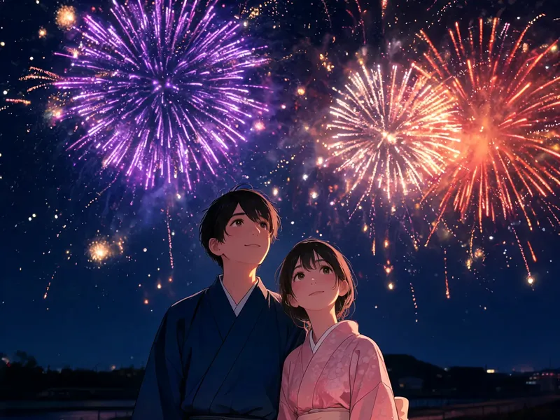 Anime illustration of young people looking up at a fireworks display at night, fireworks blooming in purple and orange-red layers across the dark sky, romantic Japanese animation atmosphere, warm cinematic mood