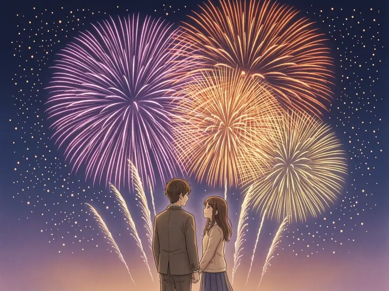 Anime illustration of young people looking up at a fireworks display at night, fireworks blooming in purple and orange-red layers across the dark sky, romantic Japanese animation atmosphere, warm cinematic mood