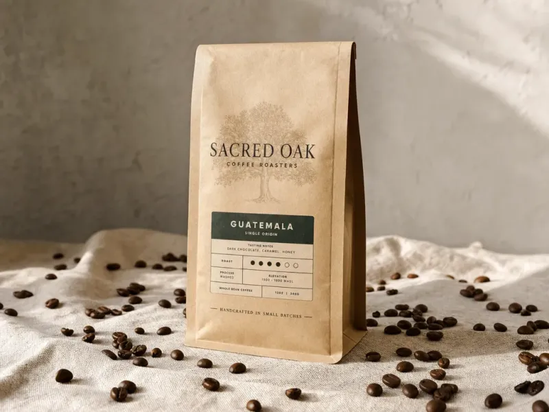 Coffee bag standing upright on raw linen cloth with scattered whole coffee beans, warm side lighting, photorealistic product shot