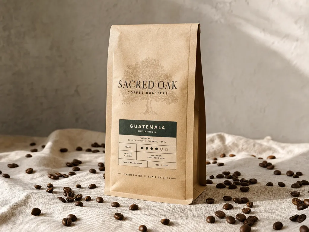 Coffee bag standing upright on raw linen cloth with scattered whole coffee beans, warm side lighting, photorealistic product shot