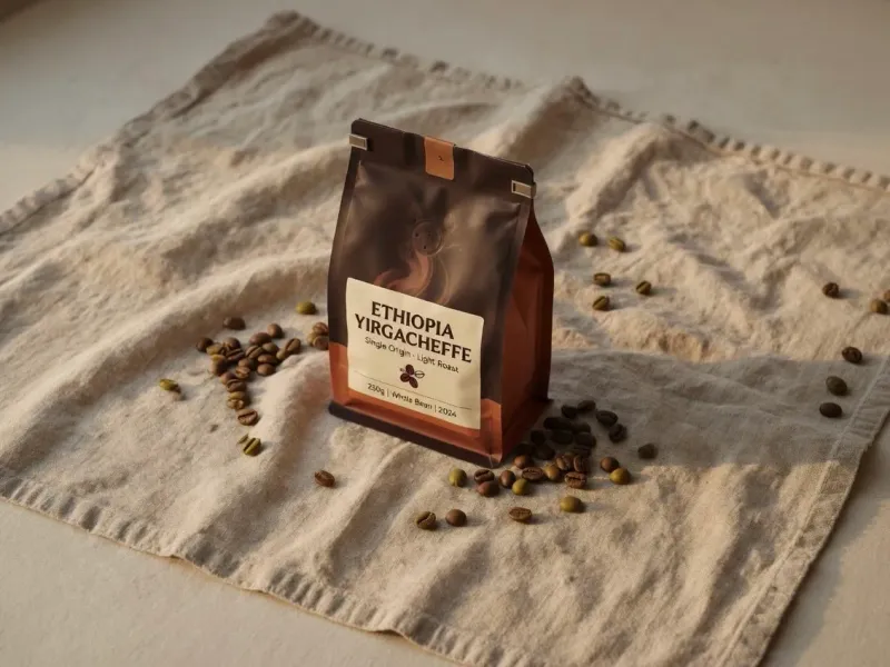 Coffee bag standing upright on raw linen cloth surrounded by scattered whole coffee beans, warm natural side lighting, photorealistic product shot