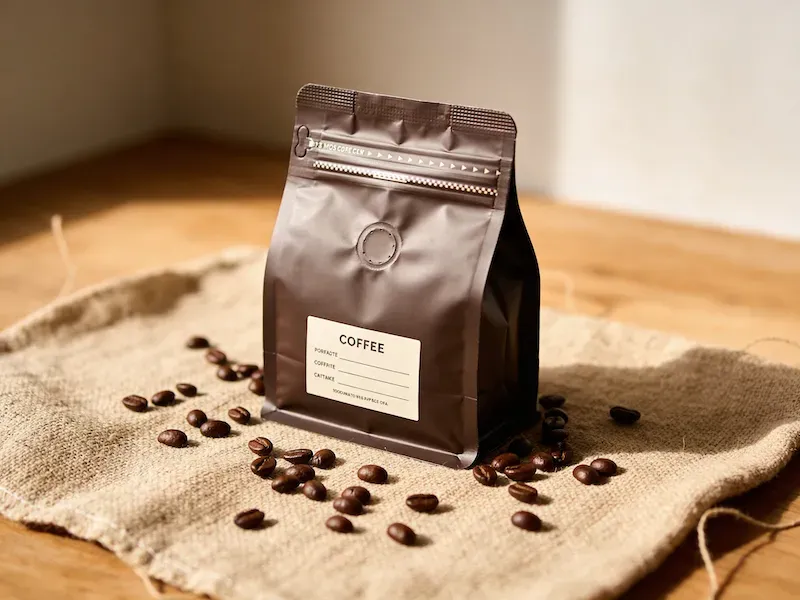 Coffee bag standing upright on raw linen cloth surrounded by scattered whole coffee beans, warm natural side lighting, photorealistic product shot