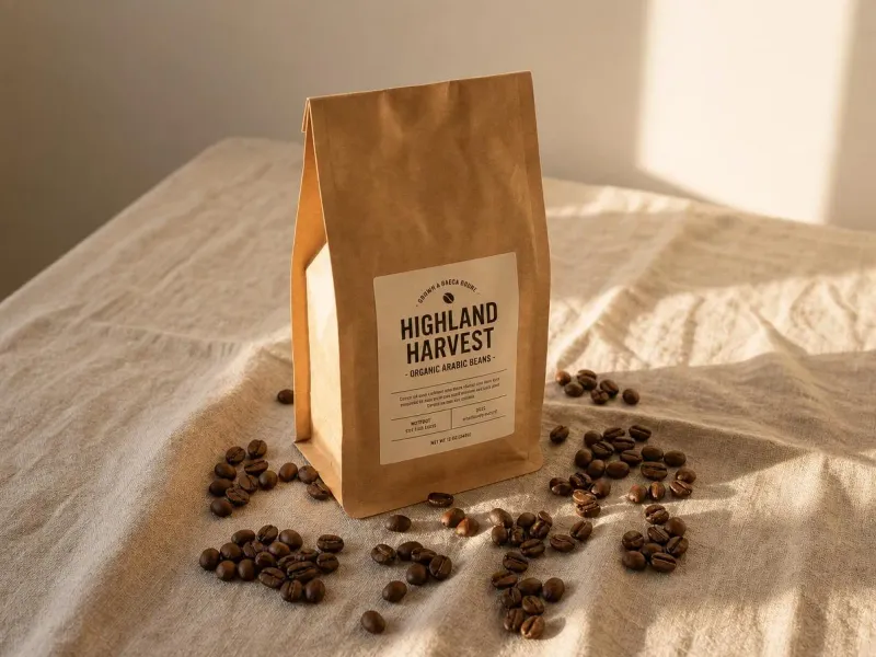 Coffee bag standing upright on raw linen cloth surrounded by scattered whole coffee beans, warm natural side lighting, photorealistic product shot