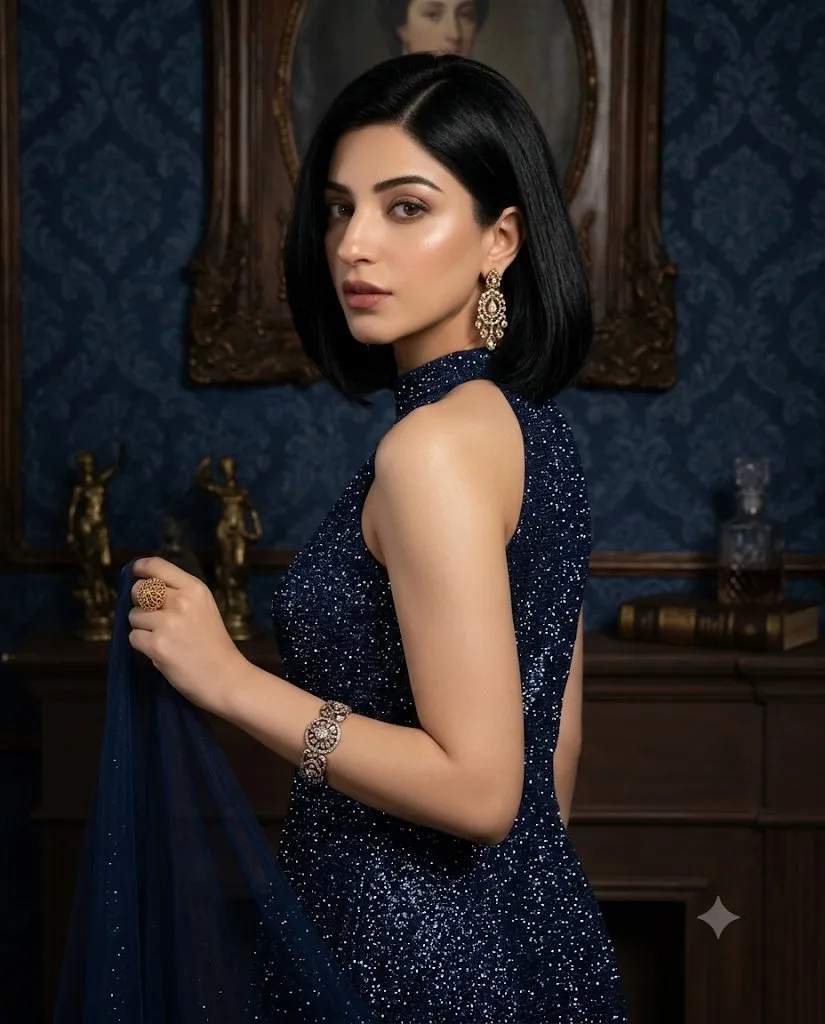 Over-the-shoulder portrait of woman with black bob in navy glitter high-neck dress against ornate navy damask wallpaper