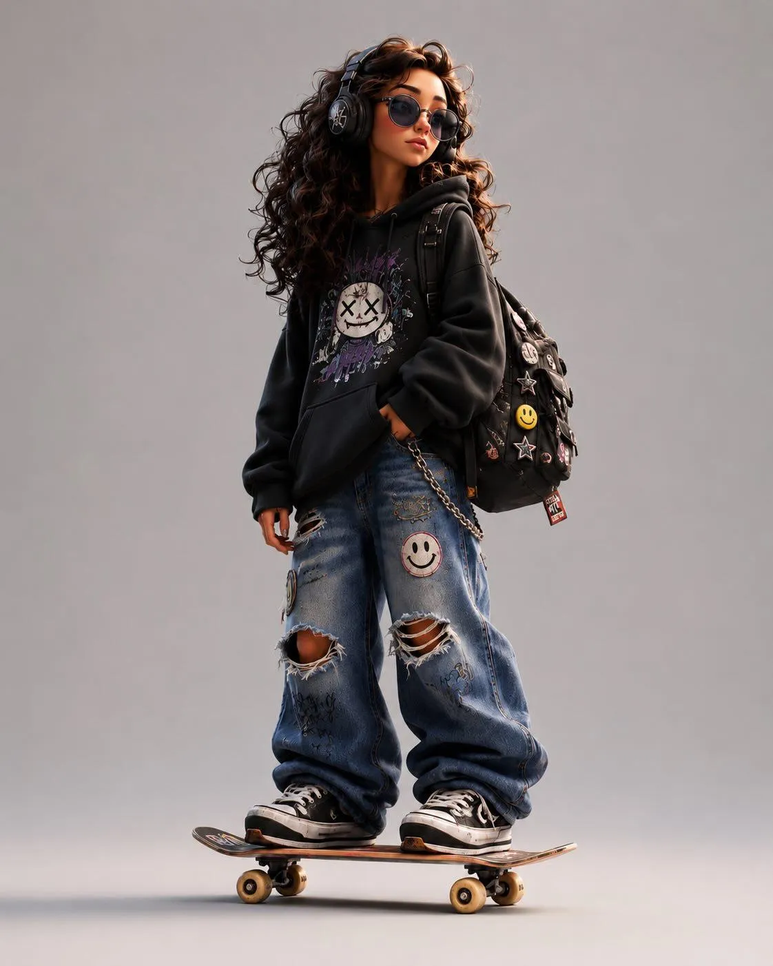 Stylized 3D cartoon skater character in oversized pink hoodie, ripped jeans and chunky sneakers, Pixar × Spider-Verse animation style
