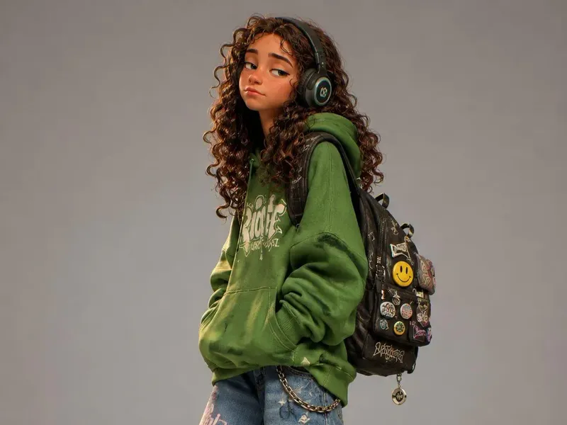 Stylized 3D cartoon skater character in oversized pink hoodie, ripped jeans and chunky sneakers, Pixar × Spider-Verse animation style